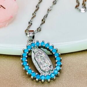 🌟Beautiful Virgin Mary Pendant Sky Blue CZ Dainty Necklace in Silver